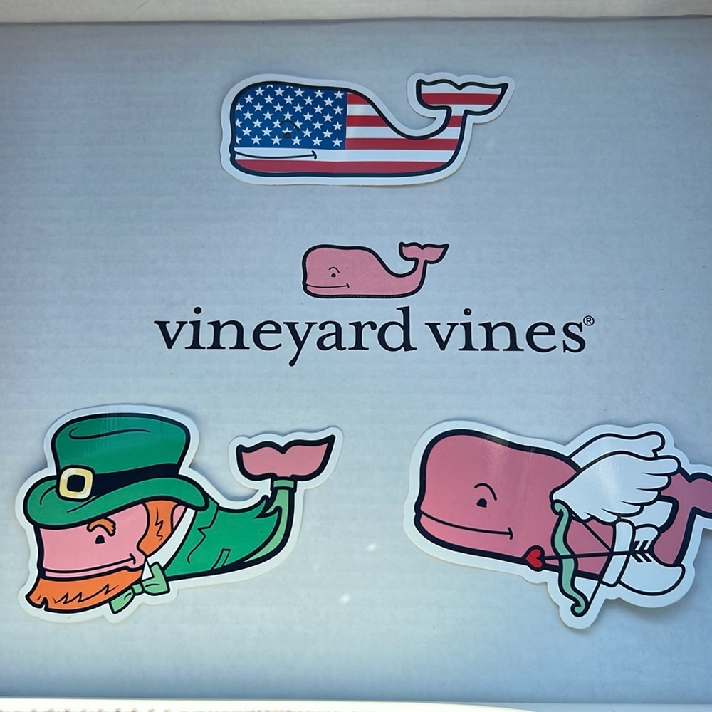 Set of 3 Vineyard Vines Whale stickers - American flag, Valentines, & Leprechaun